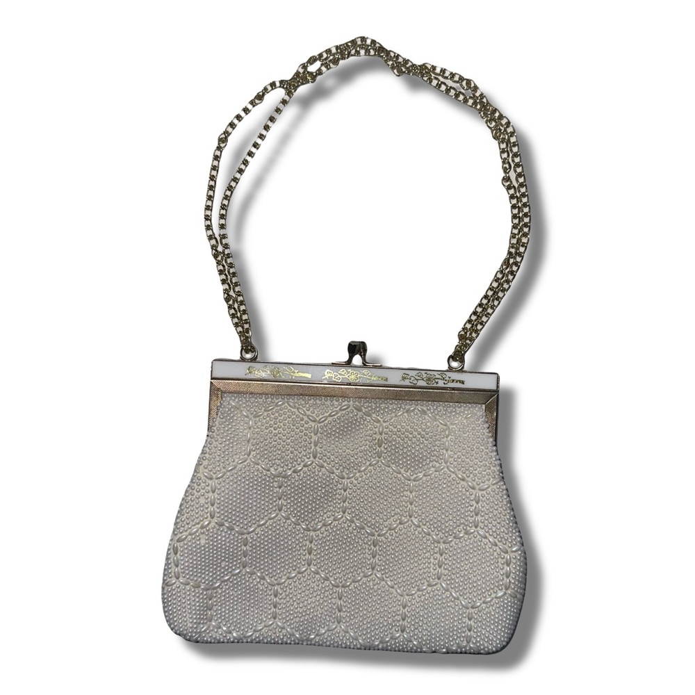 Vintage White and Gold Tone Floral Clasp Beaded Bag
